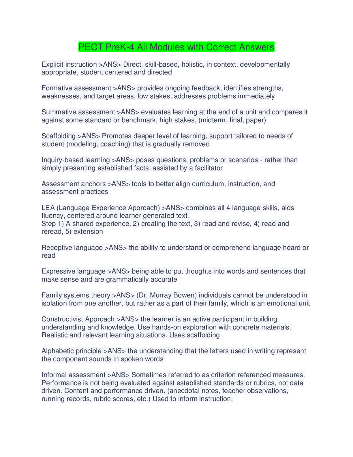 Preview image for PECT PreK-4 All Modules with Correct Answers